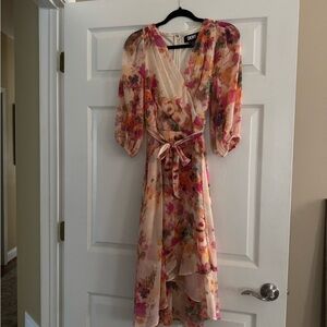 DKNY Peach-Pink Floral High-Low Wrap Dress